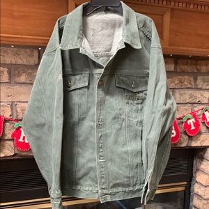 Men's Green olive Denim Jacket “varsity” vintage jacket.  Size large euc.